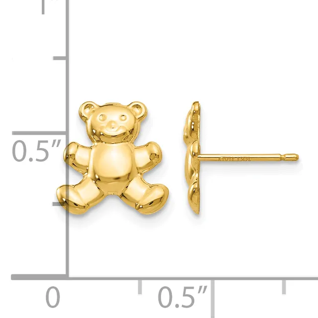 Gold teddy bear stud earrings shown front and side view against a measurement scale indicating approximately half inch size.
