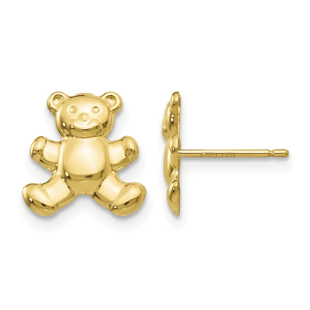 Pair of gold teddy bear stud earrings shown from front and side view, featuring detailed facial features and jointed limbs.