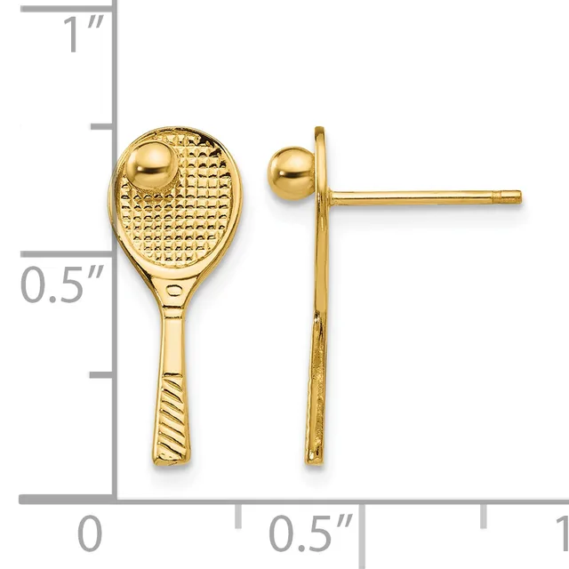 Gold tennis racket stud earrings with small ball posts, shown next to a ruler indicating approximately 0.75 inches in height.