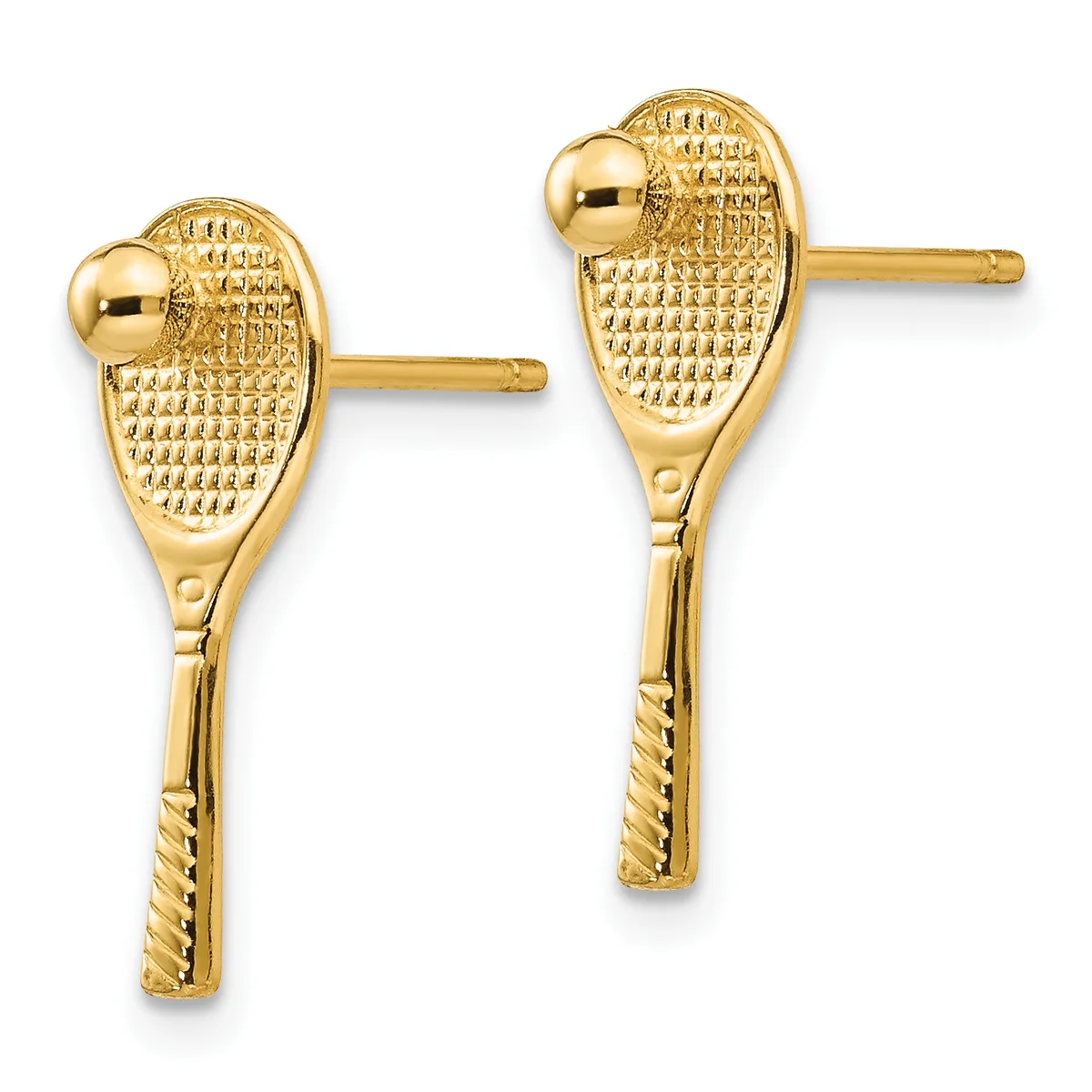A pair of gold tennis racket stud earrings with textured racket heads and grooved handles, shown from the front.
