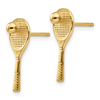 A pair of gold tennis racket stud earrings with textured racket heads and grooved handles, shown from the front.