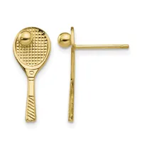 A pair of gold tennis racket stud earrings shown from front and side views, featuring detailed racket faces with textured strings and small ball studs.