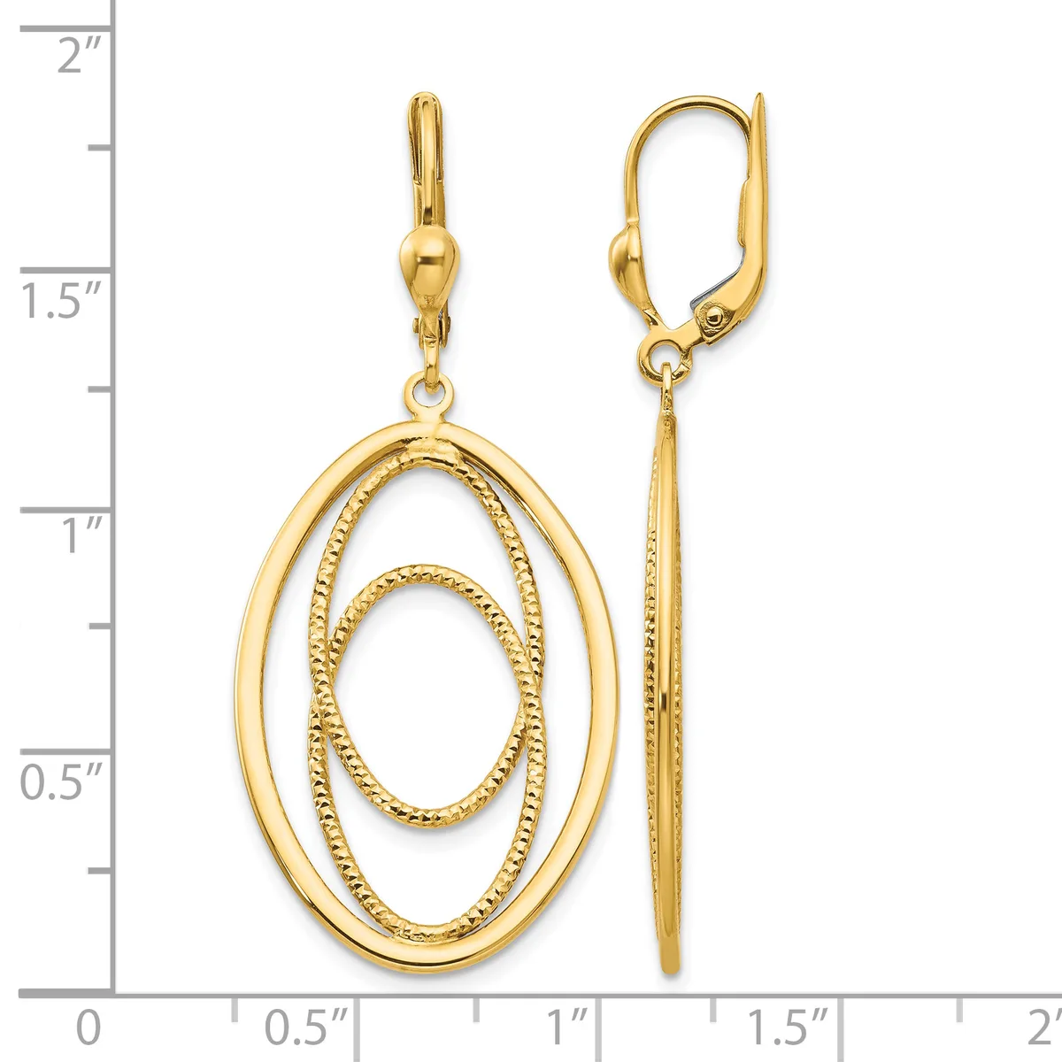 Gold-toned leverback earrings with concentric oval frames featuring a textured finish, displayed on a measurement scale showing approximately 1.75 inches in length.