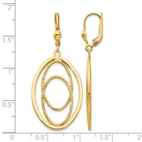 Gold-toned leverback earrings with concentric oval frames featuring a textured finish, displayed on a measurement scale showing approximately 1.75 inches in length.