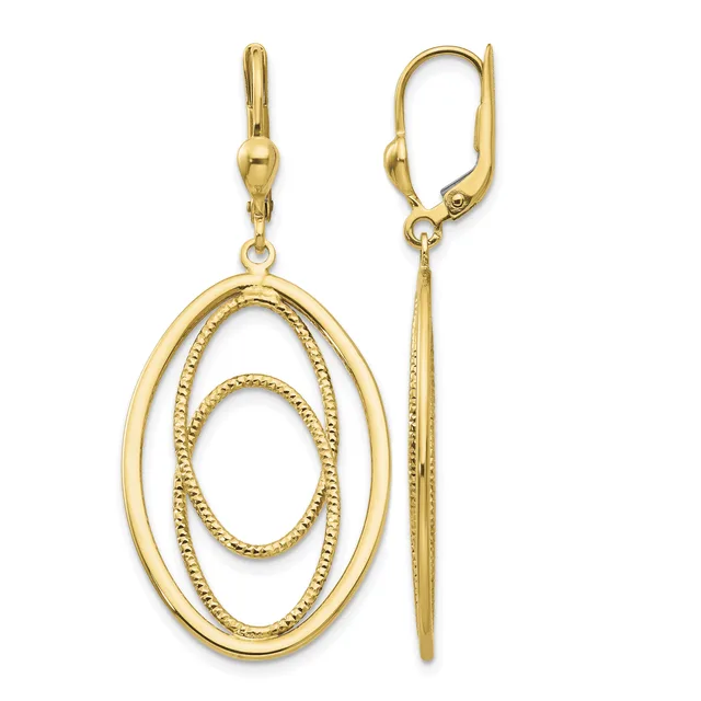 Pair of gold-toned leverback earrings featuring nested oval designs with textured and polished finishes, shown from front and side views.