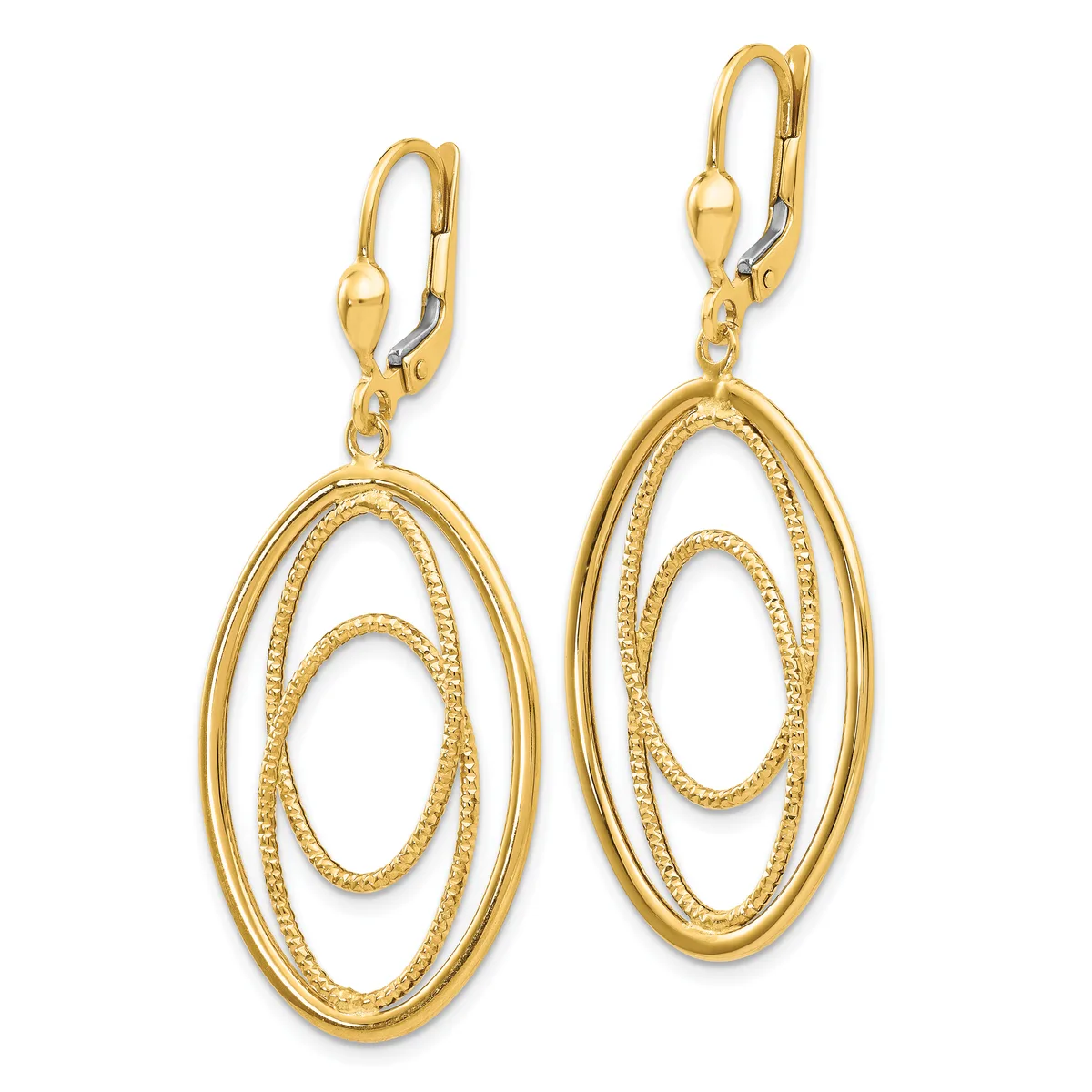 Pair of gold-tone leverback earrings with nested oval designs featuring textured inner ovals suspended from polished outer ovals.