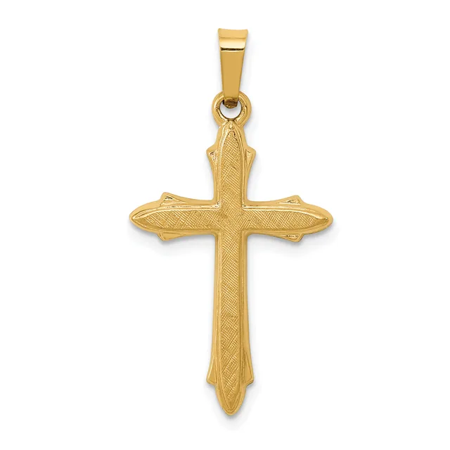 A gold cross pendant with textured surface detail and pointed ends, shown hanging from a bail against a white background.