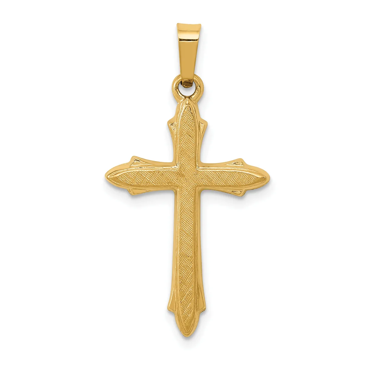 A gold cross pendant with textured surface detail and pointed ends, shown hanging from a bail against a white background.