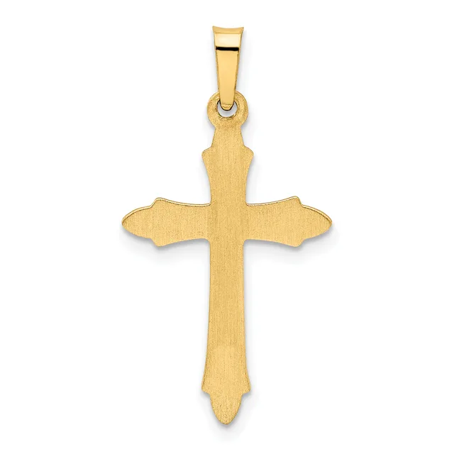 A gold cross pendant with a brushed finish and slightly flared ends, suspended from a polished bail.