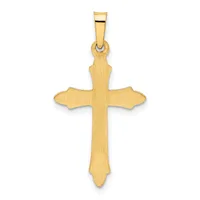 A gold cross pendant with a brushed finish and slightly flared ends, suspended from a polished bail.