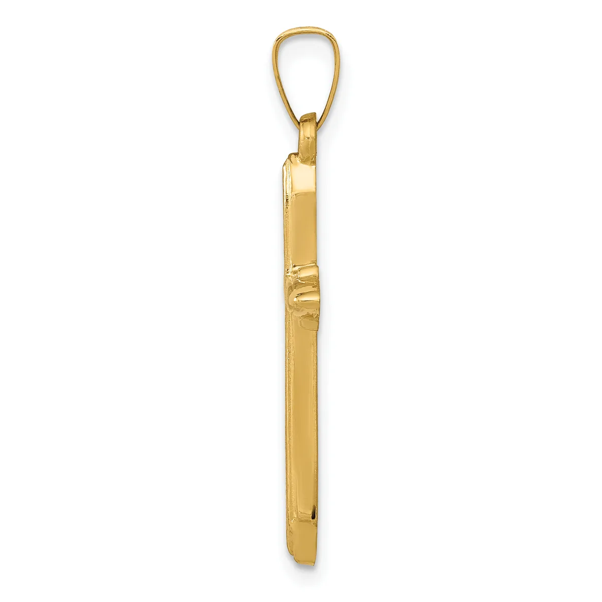 A polished gold cylindrical pendant with a looped bail at the top, shown suspended against a white background.