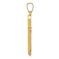 A polished gold cylindrical pendant with a looped bail at the top, shown suspended against a white background.