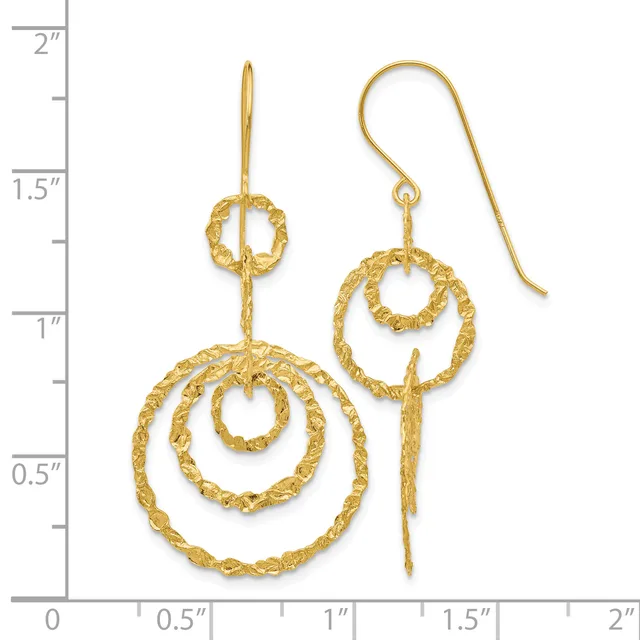Pair of gold spiral dangle earrings with textured circular loops in decreasing sizes, shown next to a ruler measuring approximately two inches in length.