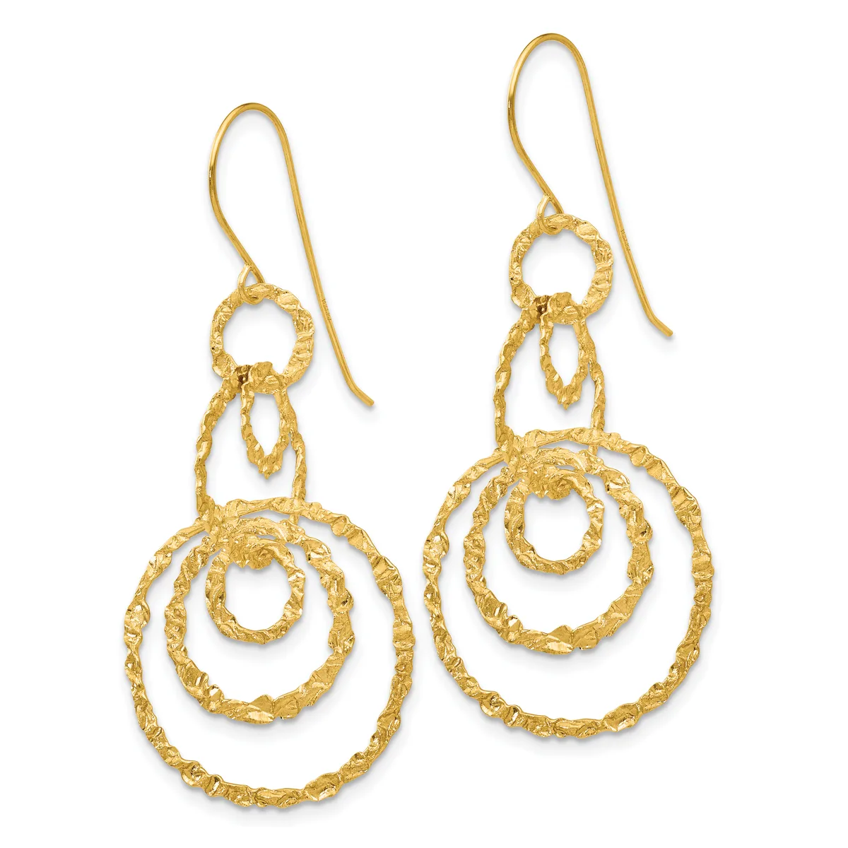 Pair of gold-colored dangle earrings with textured concentric circular loops suspended from curved ear wires.