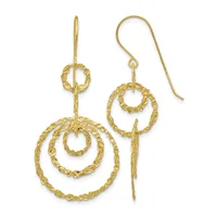 Pair of gold spiral dangle earrings with textured concentric circles and matching ear wires, displayed side by side.