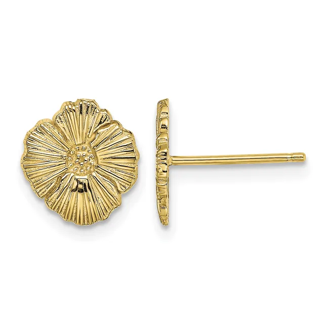Pair of gold-colored flower-shaped stud earrings shown from front and side view, featuring radiating petal details and straight posts.