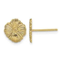 Pair of gold-colored flower-shaped stud earrings shown from front and side view, featuring radiating petal details and straight posts.