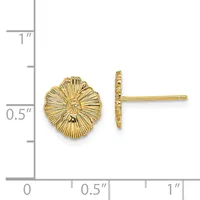 Pair of gold-colored flower-shaped stud earrings with radiating petal details, shown front and side view against a measurement scale.