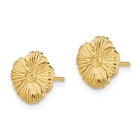A pair of gold flower-shaped stud earrings with radiating ridged petals and textured centers, shown from the front against a white background.