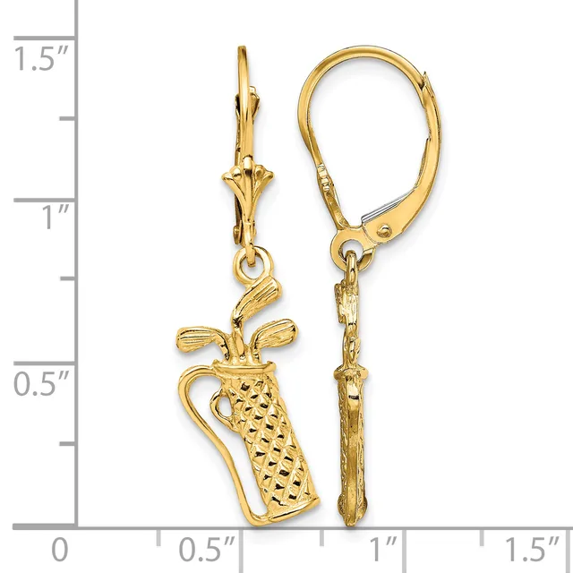 Gold-toned golf bag charm earrings with lever backs, shown next to a ruler measuring approximately 1.25 inches long.