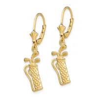 A pair of gold-toned drop earrings featuring golf bag charms with textured surfaces and leaf-shaped tops, suspended from lever-back closures.
