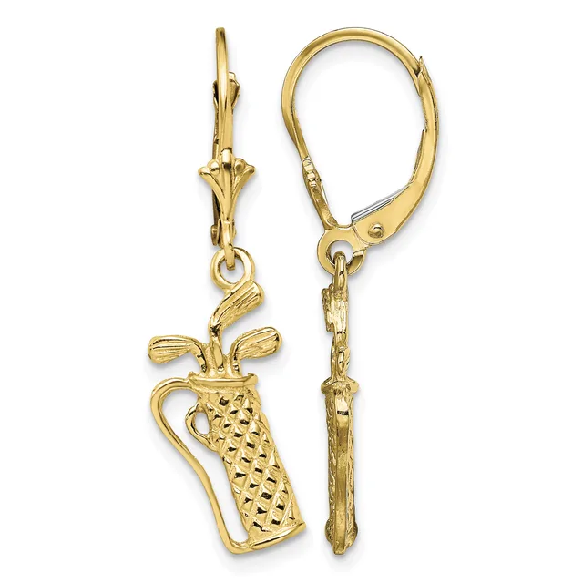 Pair of gold-toned lever-back earrings with golf bag charms featuring textured detail and small golf club designs hanging from chain links.