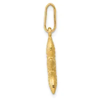 Gold-toned elongated pendant with textured surface detail and an oval loop attachment at the top.
