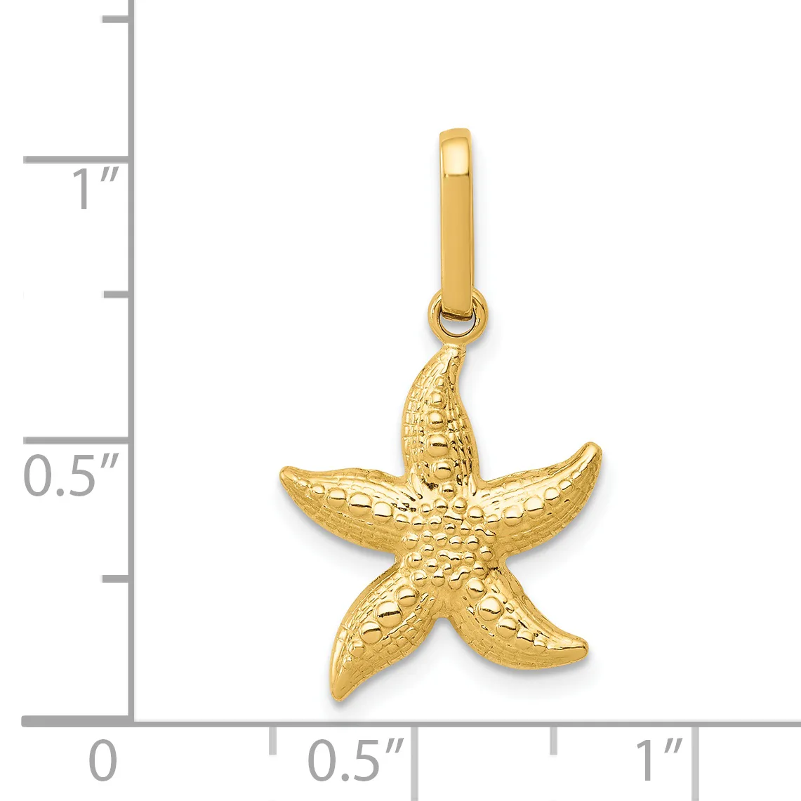 Gold starfish pendant with textured surface detail shown next to a ruler measuring approximately one inch in height.