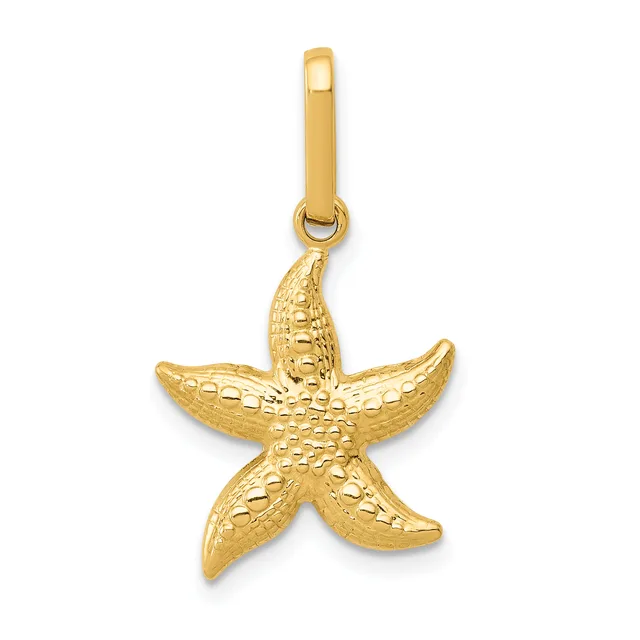 Gold starfish pendant with textured surface detail and a small loop attachment at the top.