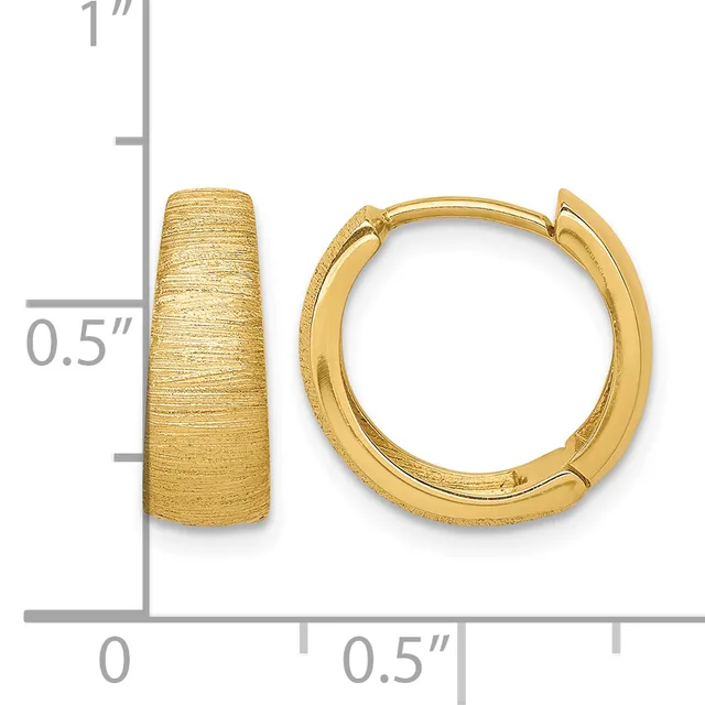 Pair of gold-colored textured chunky hoop earrings with hinged closures, shown next to a ruler indicating approximately one inch in height and half inch in width.