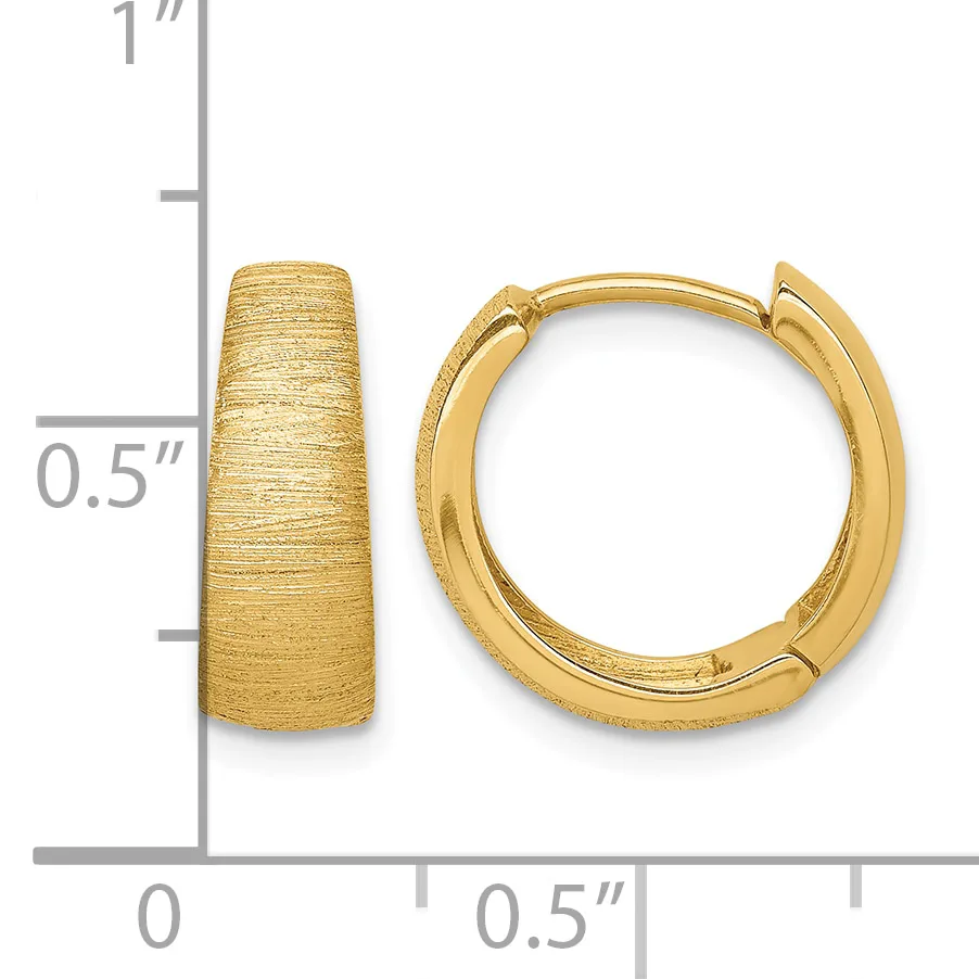 Pair of gold-colored textured chunky hoop earrings with hinged closures, shown next to a ruler indicating approximately one inch in height and half inch in width.