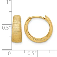 Pair of gold-colored textured chunky hoop earrings with hinged closures, shown next to a ruler indicating approximately one inch in height and half inch in width.