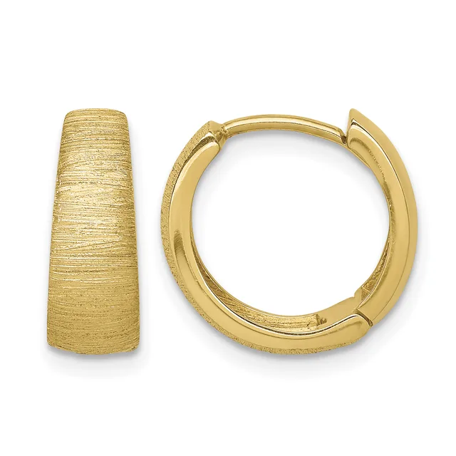 A pair of gold hoop earrings with a brushed textured finish, shown from the front and side views.