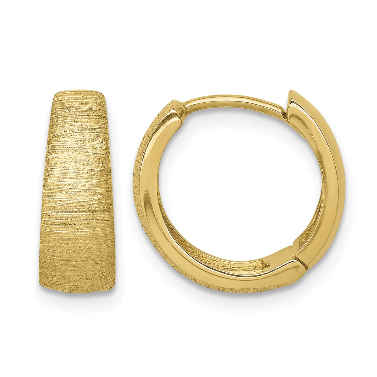 A pair of gold hoop earrings with a brushed textured finish, shown from the front and side views.