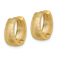 A pair of gold hoop earrings with a brushed matte finish and hinged closure, shown from the front against a white background.