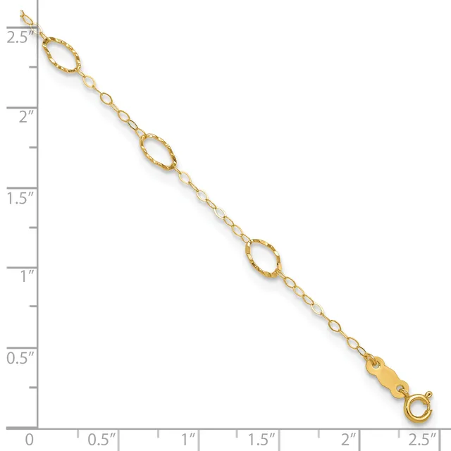 Gold-toned chain bracelet with three textured oval links spaced along its length, displayed against a ruler showing approximately 2.5 inches total length.