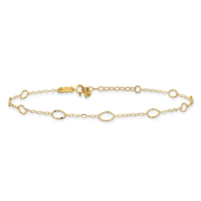 Gold chain bracelet with alternating oval and circular links, featuring a lobster clasp closure and small charm detail.