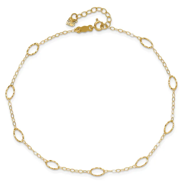 Gold-toned chain bracelet with alternating textured oval links and small round links, featuring a lobster clasp and adjustable chain extension with a small charm.