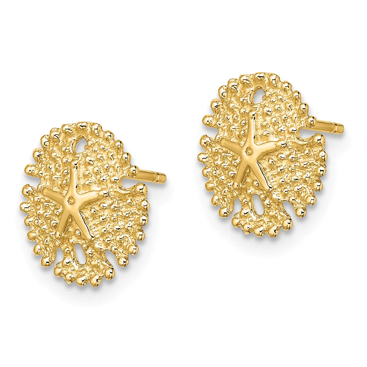 A pair of gold-toned starfish stud earrings with textured surfaces and posts, shown from the front.