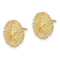 A pair of gold-toned starfish stud earrings with textured surfaces and posts, shown from the front.