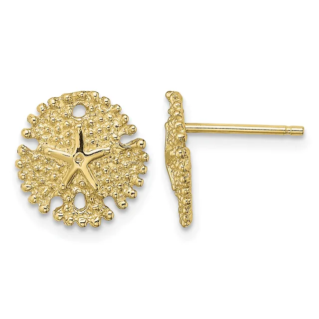 A pair of gold stud earrings featuring a textured starfish design surrounded by a beaded circular border, shown from front and side views.