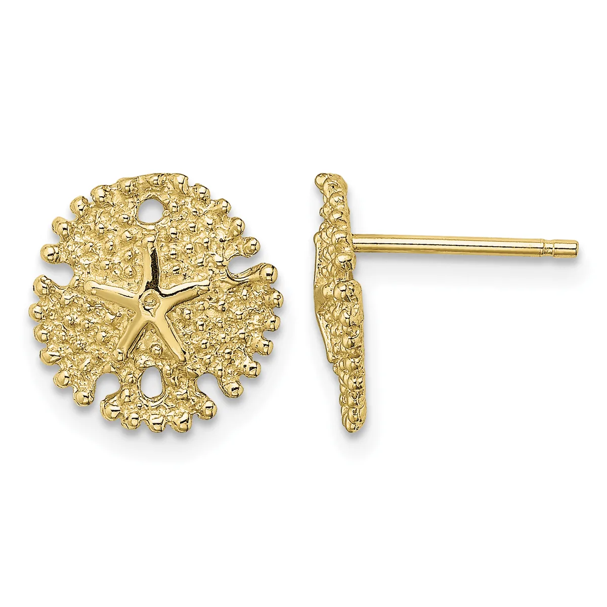 A pair of gold stud earrings featuring a textured starfish design surrounded by a beaded circular border, shown from front and side views.