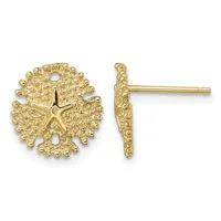 A pair of gold stud earrings featuring a textured starfish design surrounded by a beaded circular border, shown from front and side views.