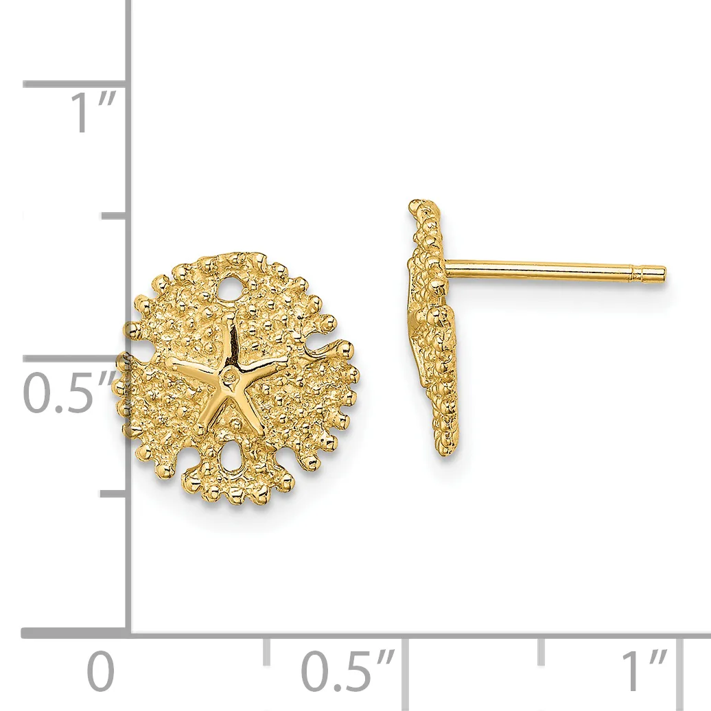 Gold sand dollar stud earrings with textured surfaces and starfish centers, shown front and side view against a measurement scale.