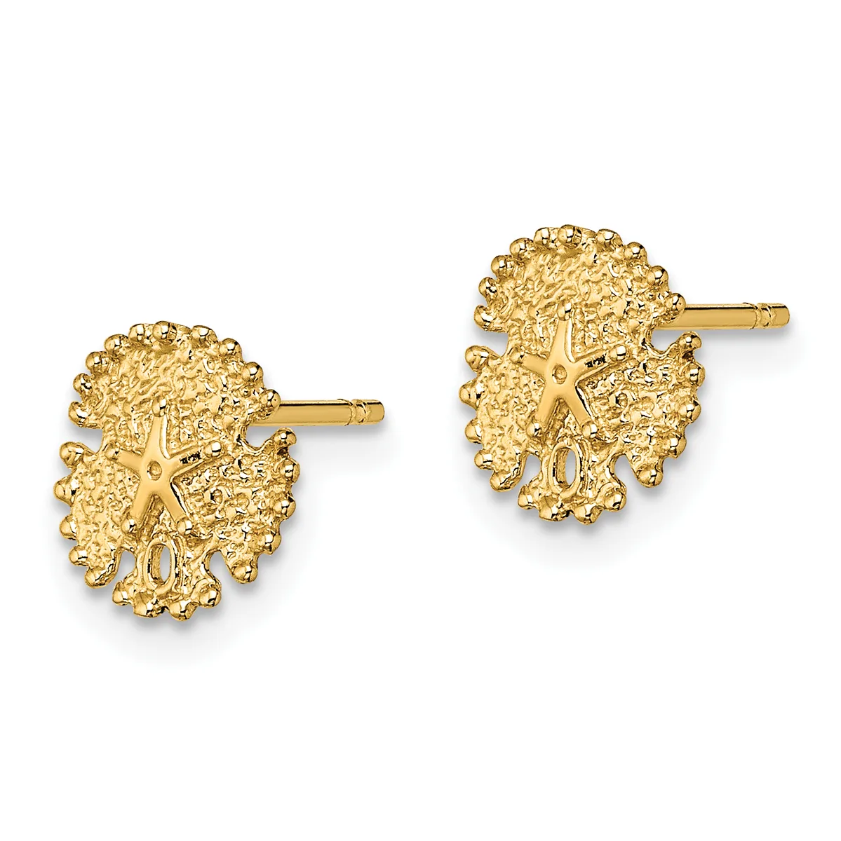 A pair of gold textured stud earrings with organic, leaf-like designs and small posts, shown from the front against a white background.