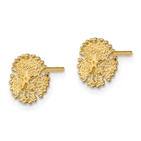 A pair of gold textured stud earrings with organic, leaf-like designs and small posts, shown from the front against a white background.