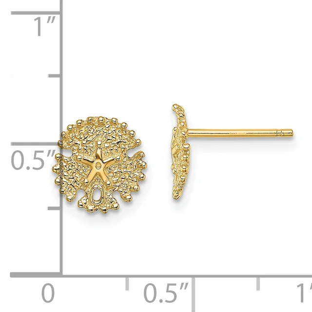 Pair of gold-colored textured tree stud earrings shown from front and side view with a measurement scale indicating approximately half-inch diameter.