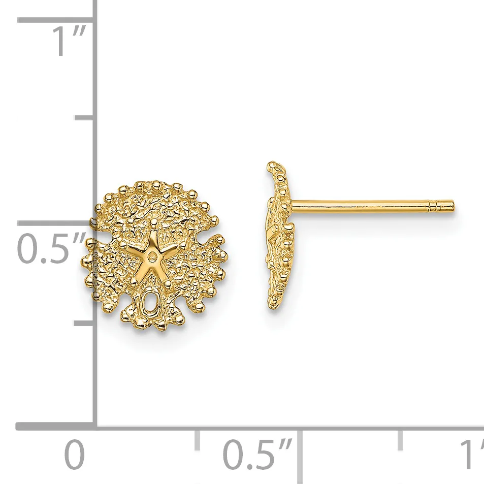 Pair of gold-colored textured tree stud earrings shown from front and side view with a measurement scale indicating approximately half-inch diameter.