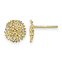 A pair of gold stud earrings with textured sea urchin or spiky ball designs, shown from front and side views.