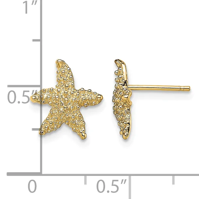 Gold textured starfish stud earrings shown front and side view with a measurement scale indicating approximately half an inch width.